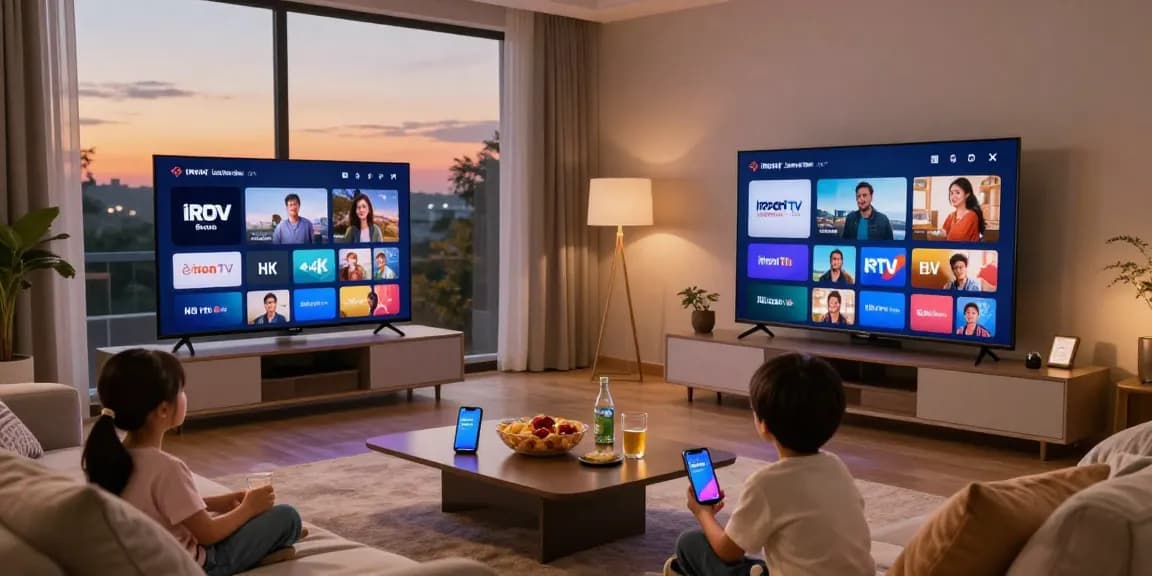 Famille profitant de l'abonnement Iron TV sur écran Smart TV dans un salon confortable.