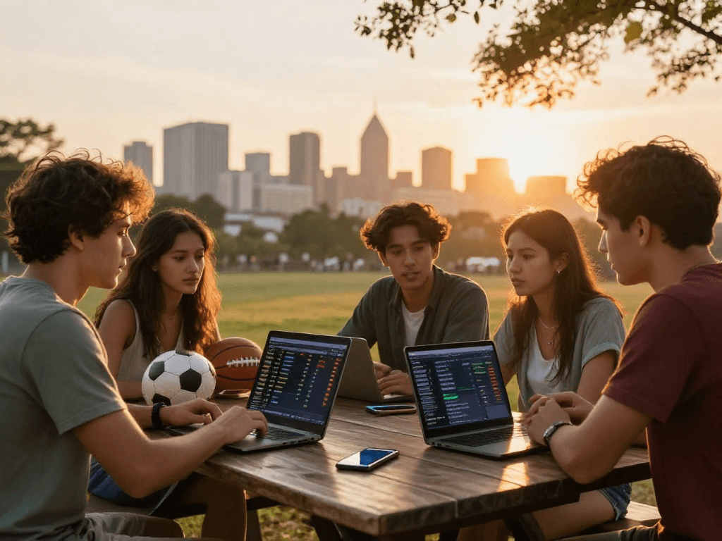 paris sportif crypto : amis discutant des paris sportifs avec des appareils en plein air