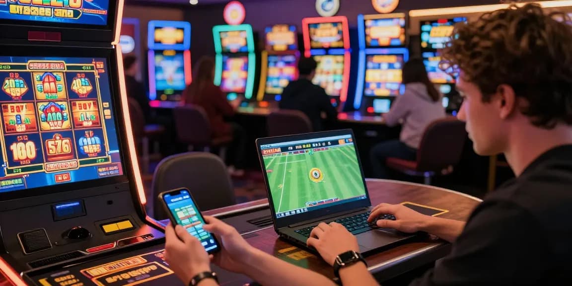 Scène de casino en ligne captivante avec joueurs engagés sur leurs appareils, illustrant l'excitation des jeux de casino en ligne.
