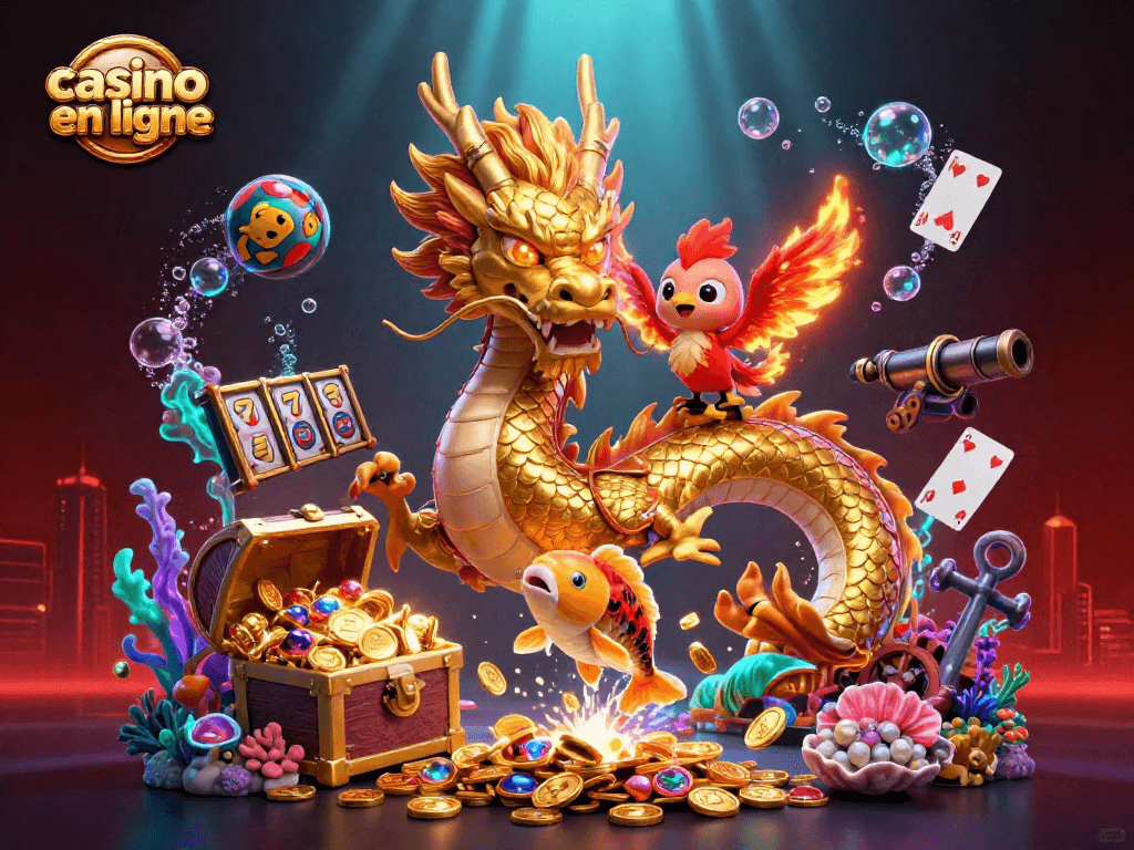 Joue à des jeux de casino en ligne avec un dragon doré et une scène colorée de jackpots.