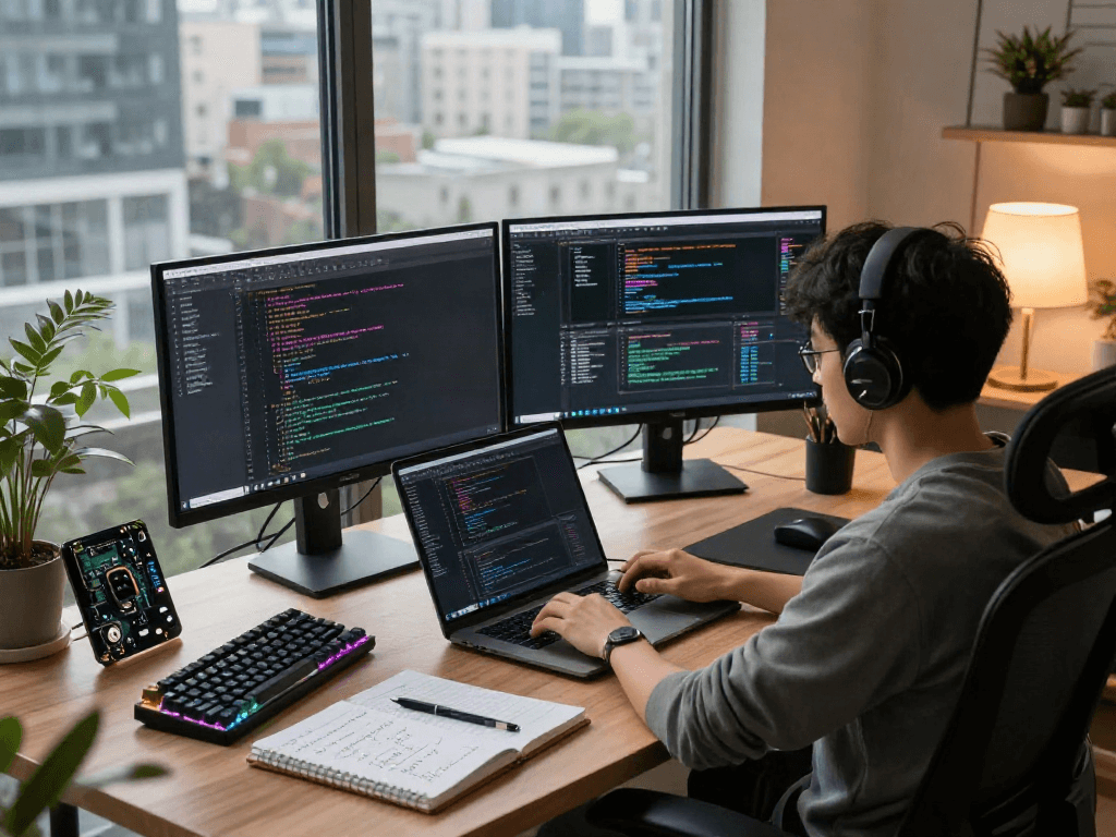 Développeur utilisant Atlas pro ontv dans un environnement de travail moderne avec des écrans affichant du code.