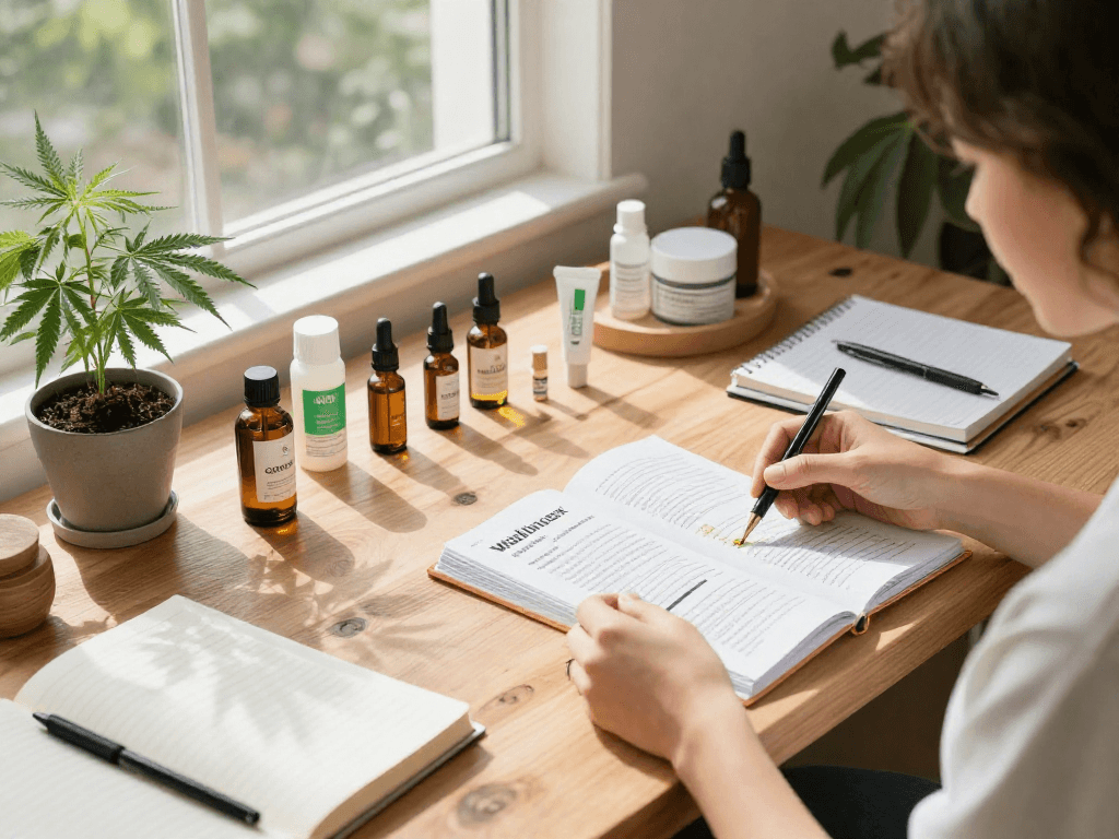 Meilleur site pari en ligne avec des produits CBD de haute qualité, tels que des huiles et des extraits, sur un bureau en bois naturel.