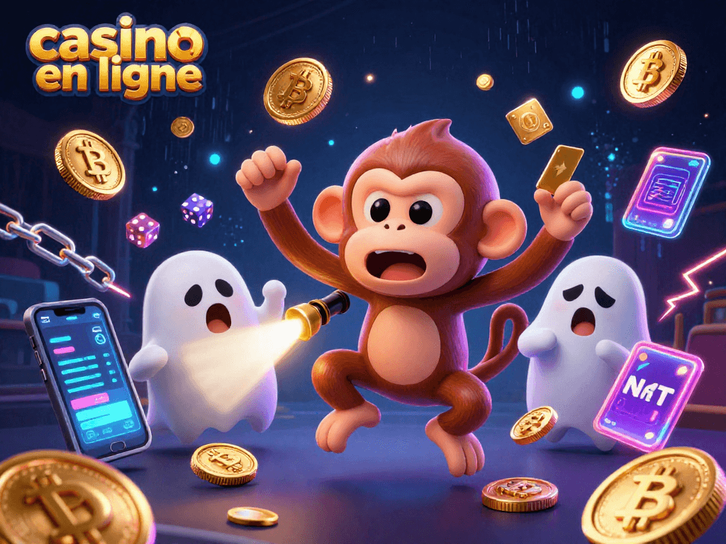 Découvrez le casino en ligne avec un fantôme poltergeist malicieux jonglant avec des pièces d'or et un chiot chasseur de fantômes.