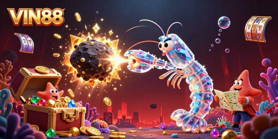 VIN88 showcases a galactic samurai mantis shrimp breaking through an asteroid amidst glittering treasures.