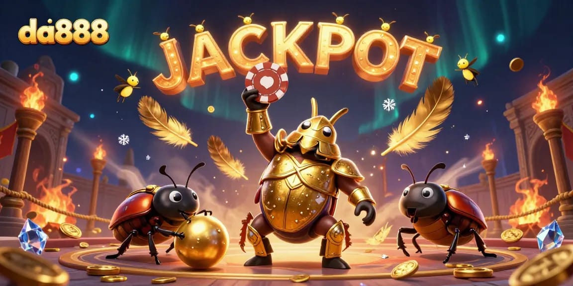 Experience the thrill of da888 with a cartoon beetle gaming scene featuring a jackpot championship ambiance.