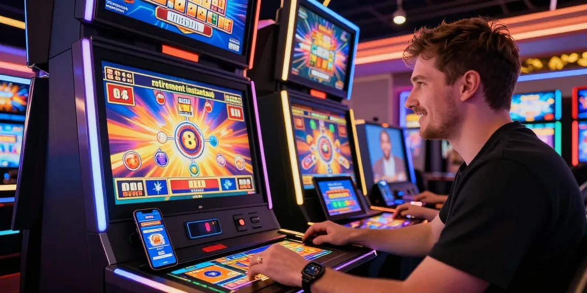 Un joueur de casino en ligne retrait instantané, en pleine action sur une machine à sous moderne, entouré de décorations colorées et de lumières LED, exprimant la joie des gains rapides.