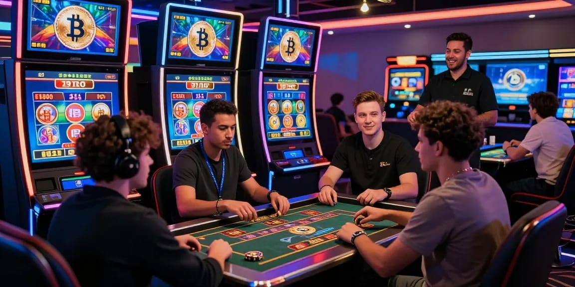 Meilleurs casinos crypto avec des joueurs enthousiastes jouant à des machines à sous dans un environnement moderne et excitant.