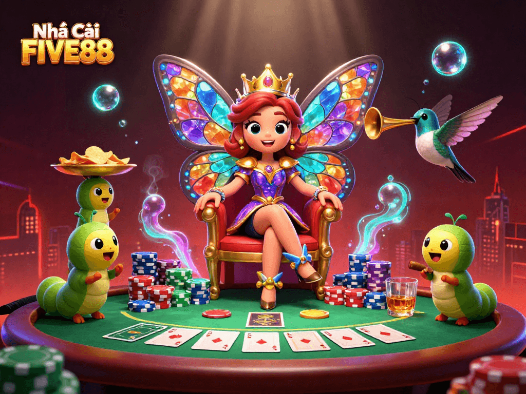 Experience thrilling action at Nhà Cái FIVE88 with an enchanting casino scene featuring a butterfly queen and poker elements.