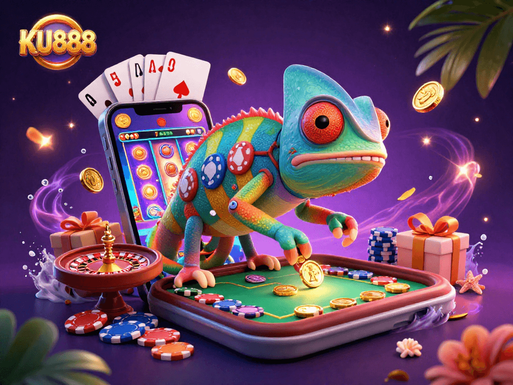 Engage with KU888 at this vibrant casino scene featuring a colorful chameleon and games.
