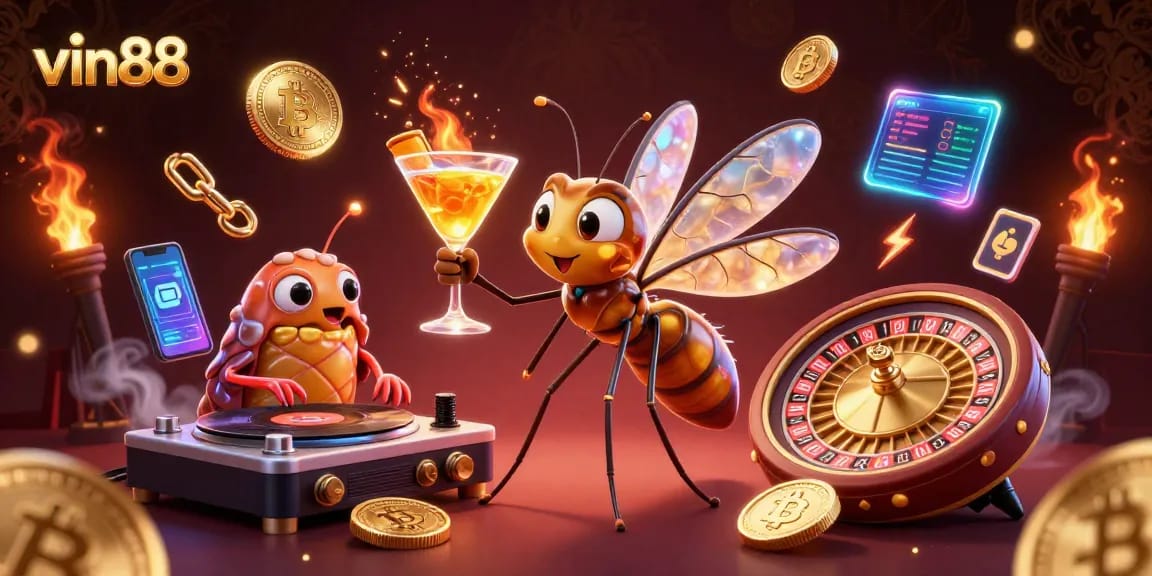Experience the excitement of vin88 with a vibrant casino scene full of characters and crypto elements.