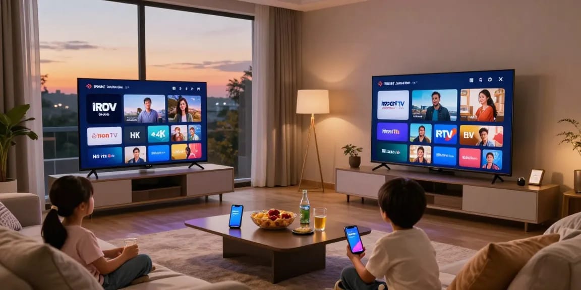 Famille profitant de l'abonnement Iron TV sur écran Smart TV dans un salon confortable.