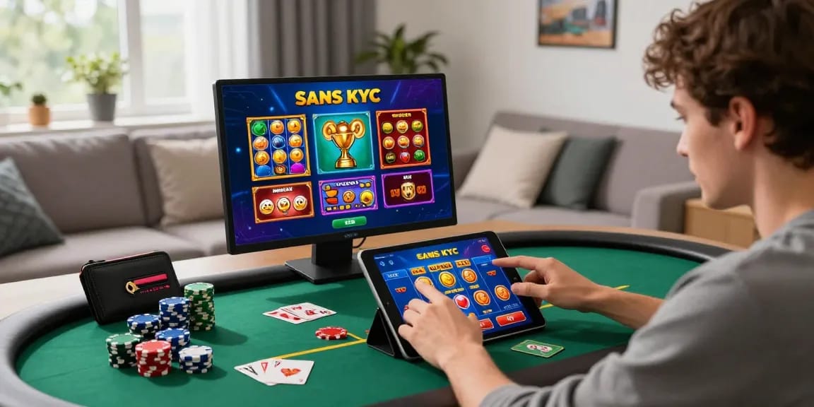 Casino sans KYC crypto : joueur profitant d'une expérience de jeu en ligne, ambiance moderne et lumineuse.