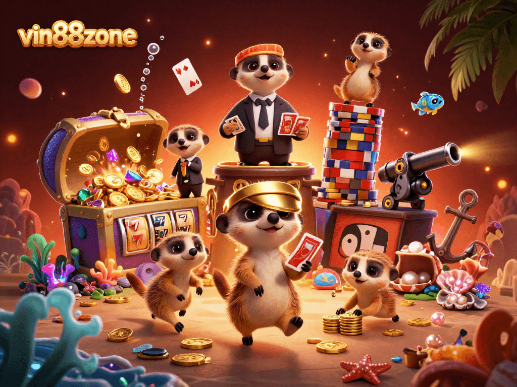 vin88zone meerkats managing a casino with vibrant underwater elements and slot machine details