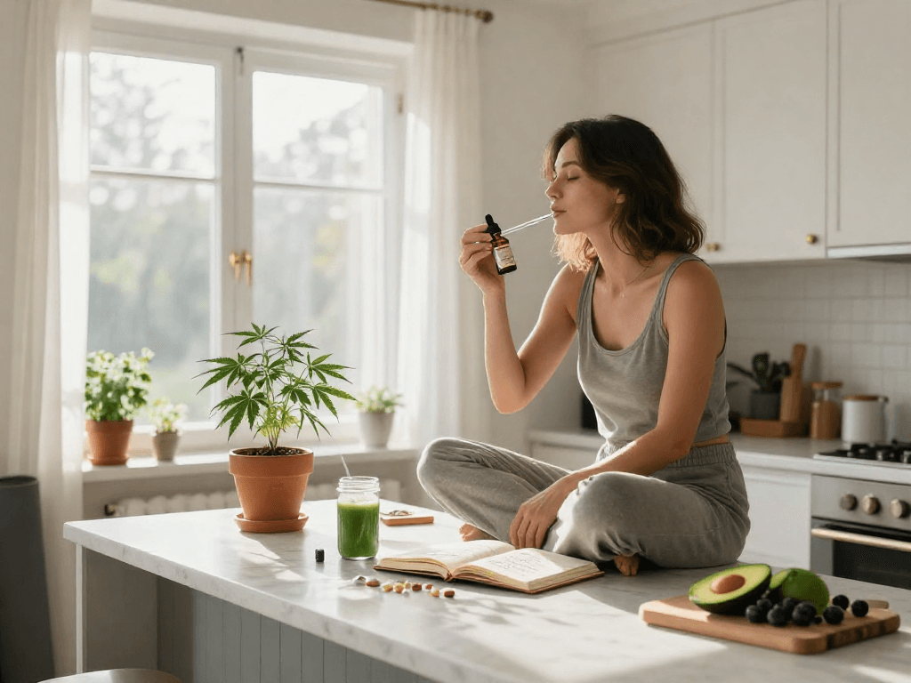 Meilleur site pari en ligne avec CBD naturel et pur, femme utilisant huile de CBD pour le bien-être.