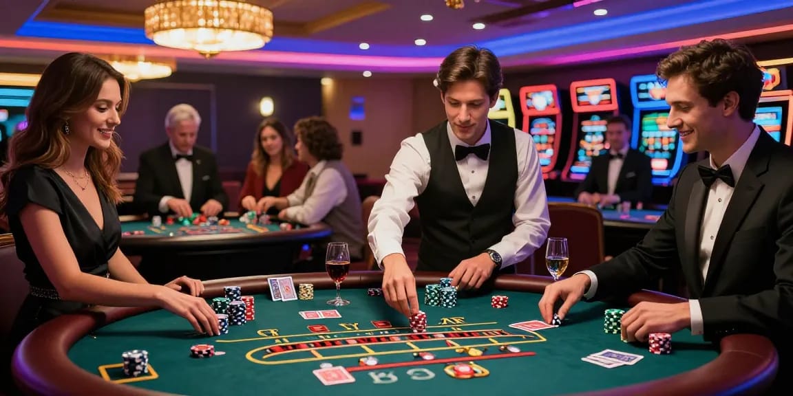 Scène d'un casino fiable en ligne, joueurs divers s'amusant à des jeux de table avec une ambiance animée et luxueuse.