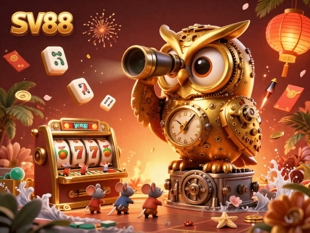 Experience the thrill of SV88 with a golden clockwork owl monitoring a vibrant casino floor filled with classic slots.