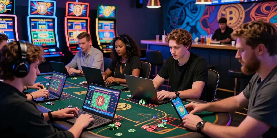 Casino en ligne retrait immédiat 2026 : joueurs engagés dans des jeux de crypto avec ambiance vibrante et lumières néon.