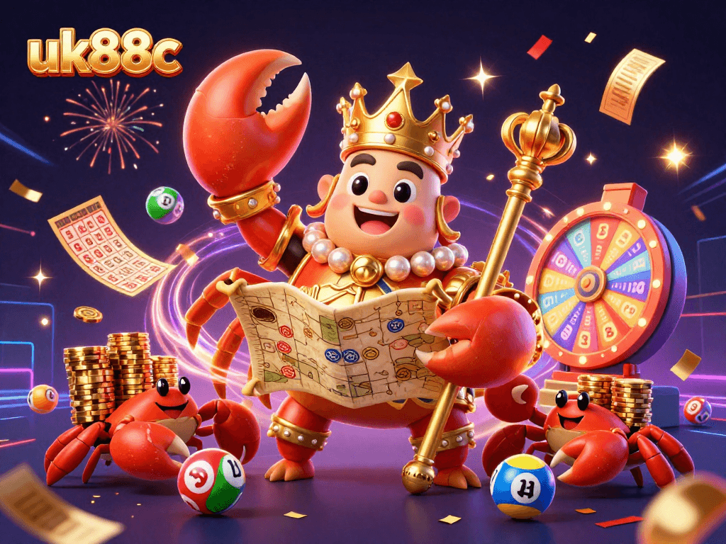 Engage with the vibrant world of uk88c showcasing a golden crab emperor among lively lottery elements.