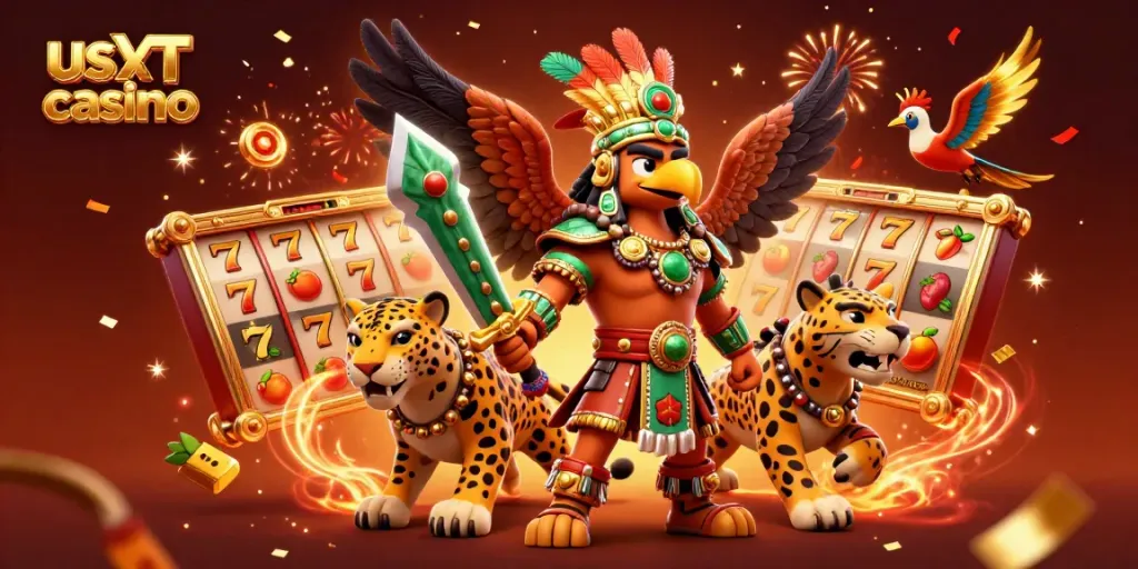 Experience the excitement of a USDT casino with dynamic slot reels and vibrant characters in a festive backdrop.