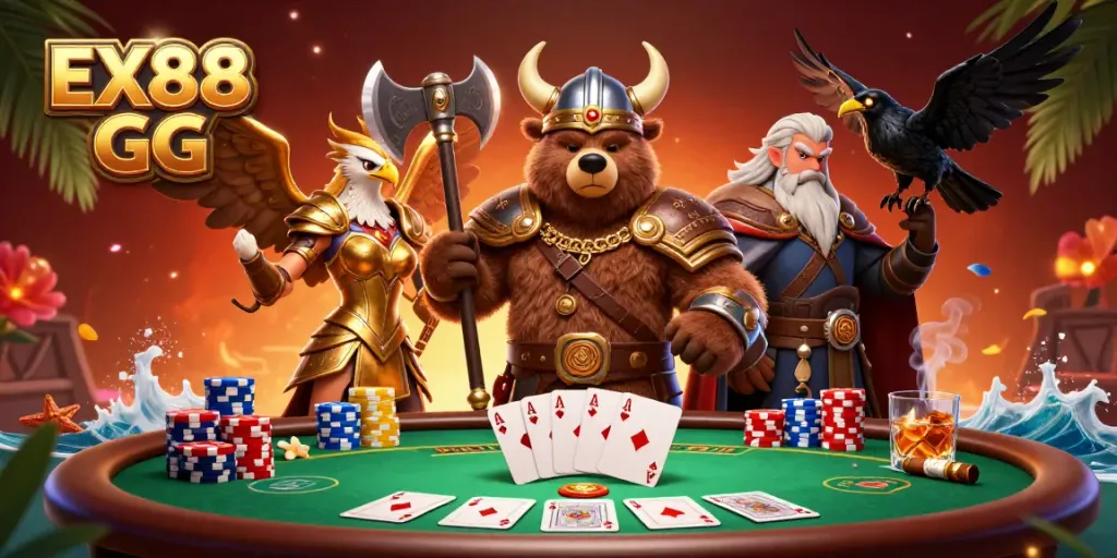 Experience exciting gambling with EX88 GG in a vibrant, action-packed casino scene featuring dynamic characters.