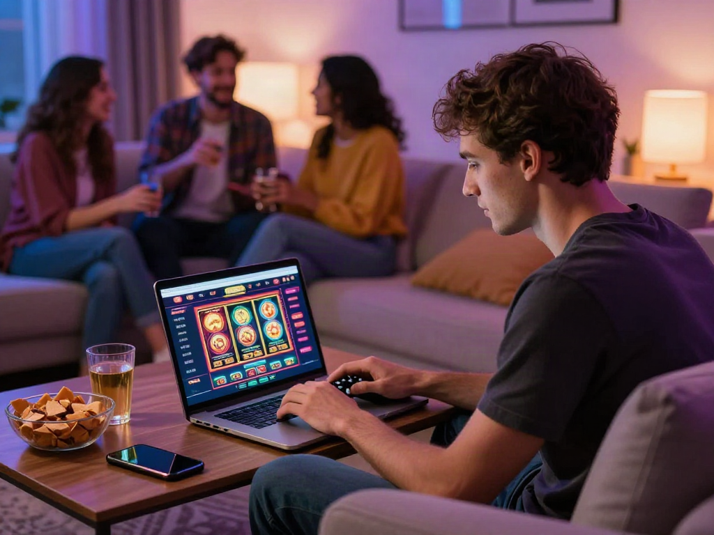 Une scène de jeu captivante sur un site casino en ligne, homme concentré sur son ordinateur portable dans un cadre moderne.