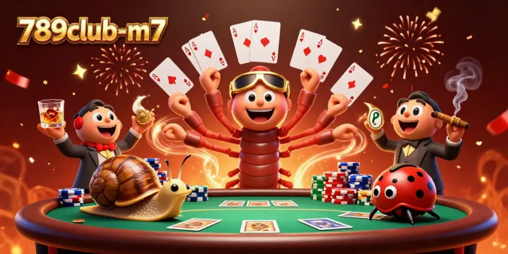 Engage in thrilling gameplay at 789club-m7 with a cartoon dealer showcasing vibrant poker elements.