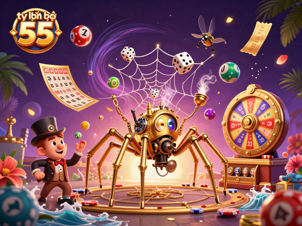 Engage with tỷ lệ kèo nhà cái 55 through an intricate web of golden chains and playful lottery elements.