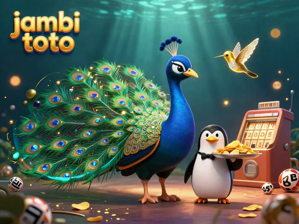 Engage in thrilling jambi toto gaming as a vibrant peacock and companions celebrate wins with dynamic lottery elements.