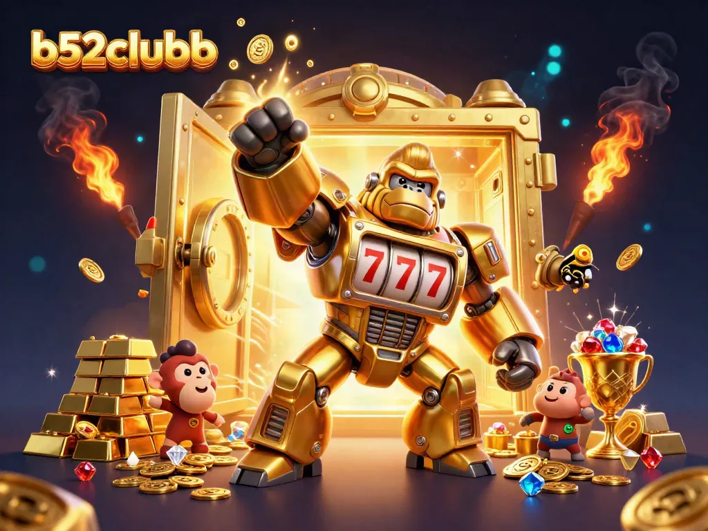 Experience the thrill of b52clubb with a vibrant, dynamic 3D casino scene filled with gold and excitement.
