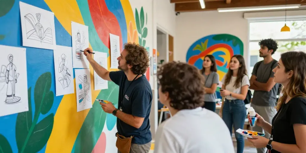 Atelier d'artiste créant une fresque sur l'art et civilisation dans un espace communautaire de confiance.