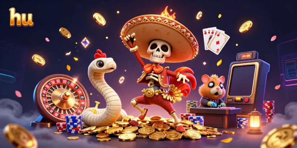 Celebrate with hu's thrilling casino games as a skeleton mariachi dances on a pile of coins.