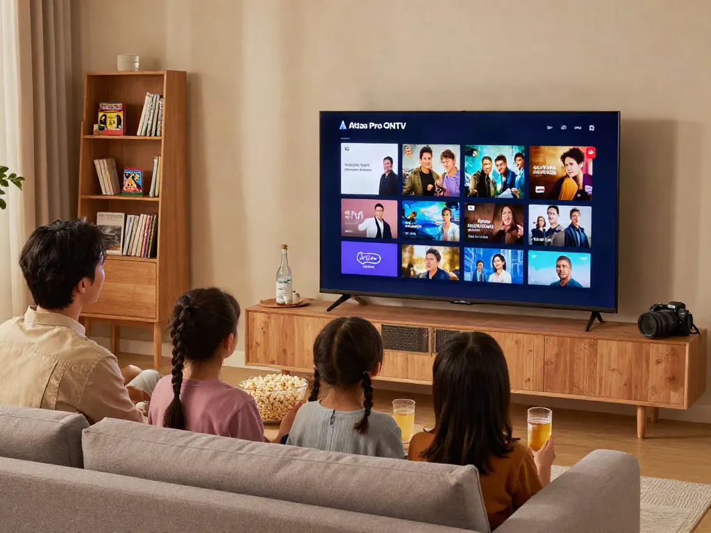 Famille regardant des films sur Atlas Pro ONTV dans un salon moderne.