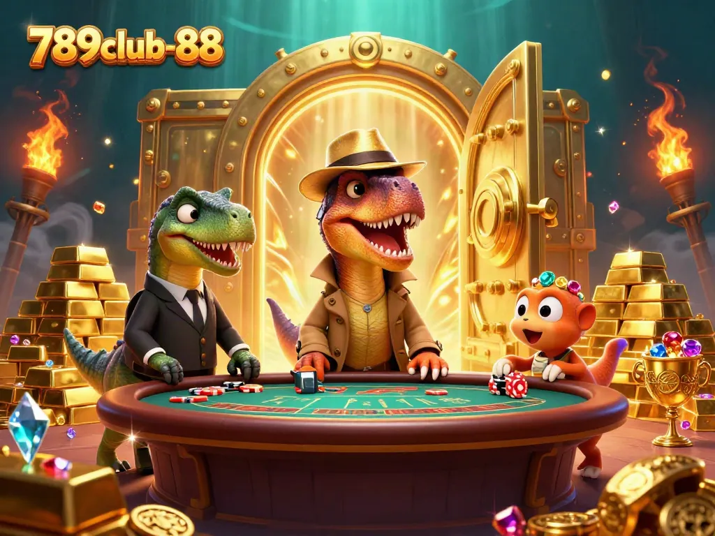 Experience thrilling games at 789club-88 with cartoon dinosaurs in a vibrant casino setting