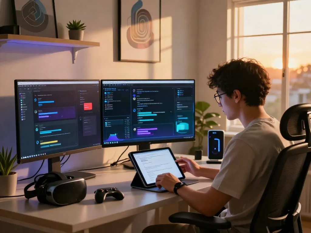 Engaged user participating in an uncensored AI chat in a modern tech workspace.