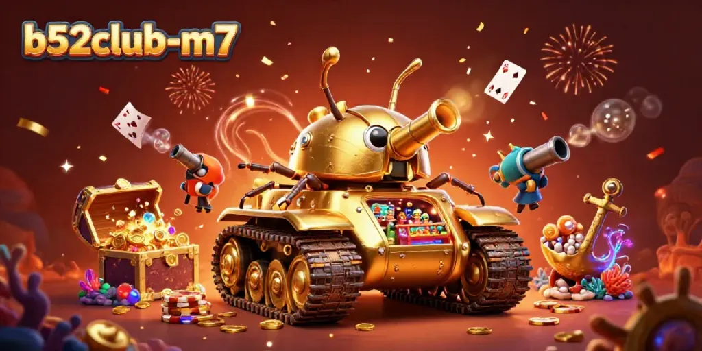 Engage with the b52club-m7 casino experience in this vibrant 3D illustration of a golden beetle tank revealing a miniature casino.