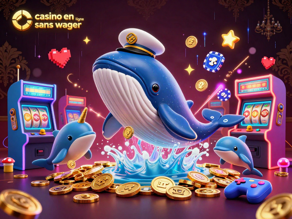 Jouez dans un casino en ligne sans wager avec une illustration 3D dynamique, recouverte de pièces d'or et de jeux interactifs.