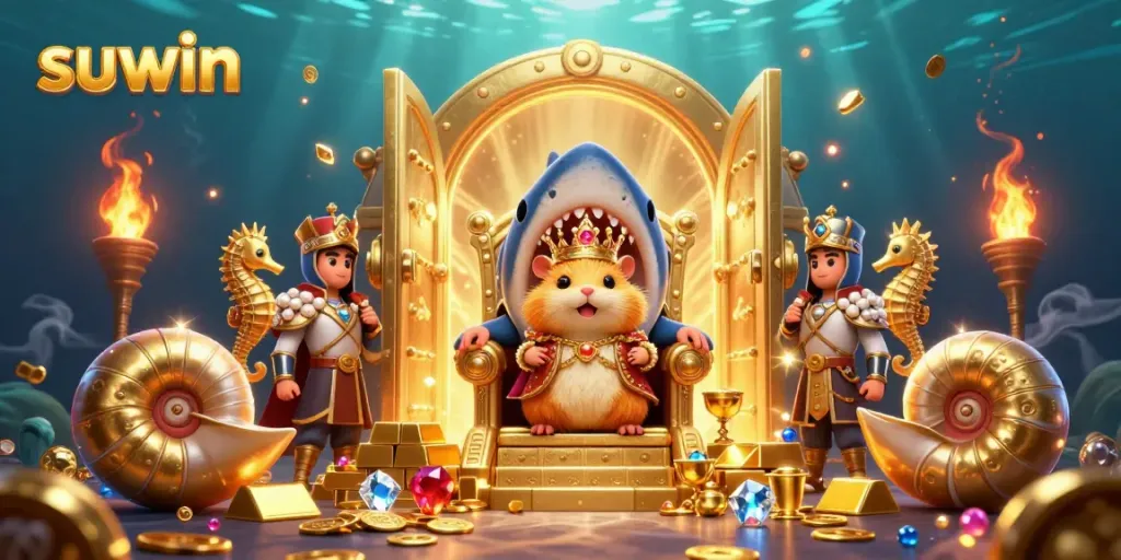 Experience the thrilling world of suwin with a vibrant underwater casino scene featuring a fierce hamster king surrounded by treasure.
