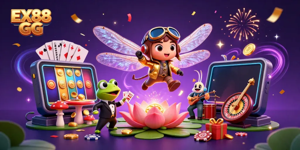 Experience thrilling games with EX88 GG at the vibrant lily pad casino, featuring a frog croupier.