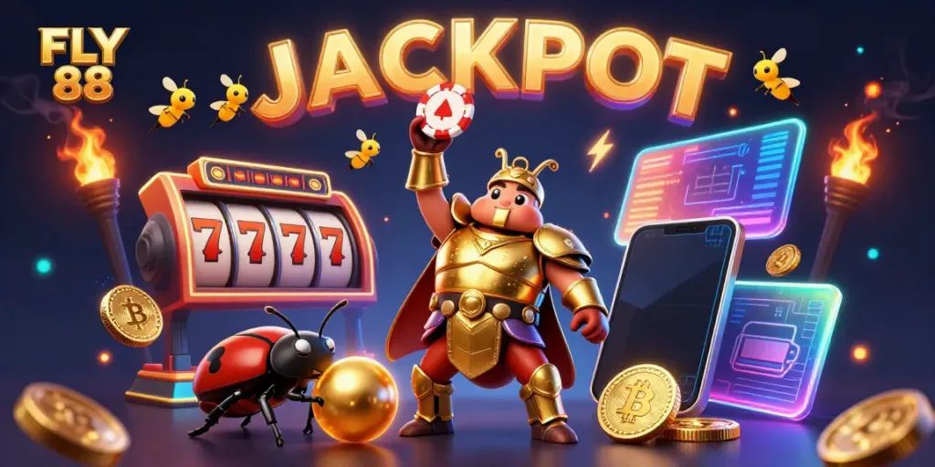 Engage in thrilling gameplay at FLY 88 with vibrant casino-themed illustration showcasing jackpot excitement.