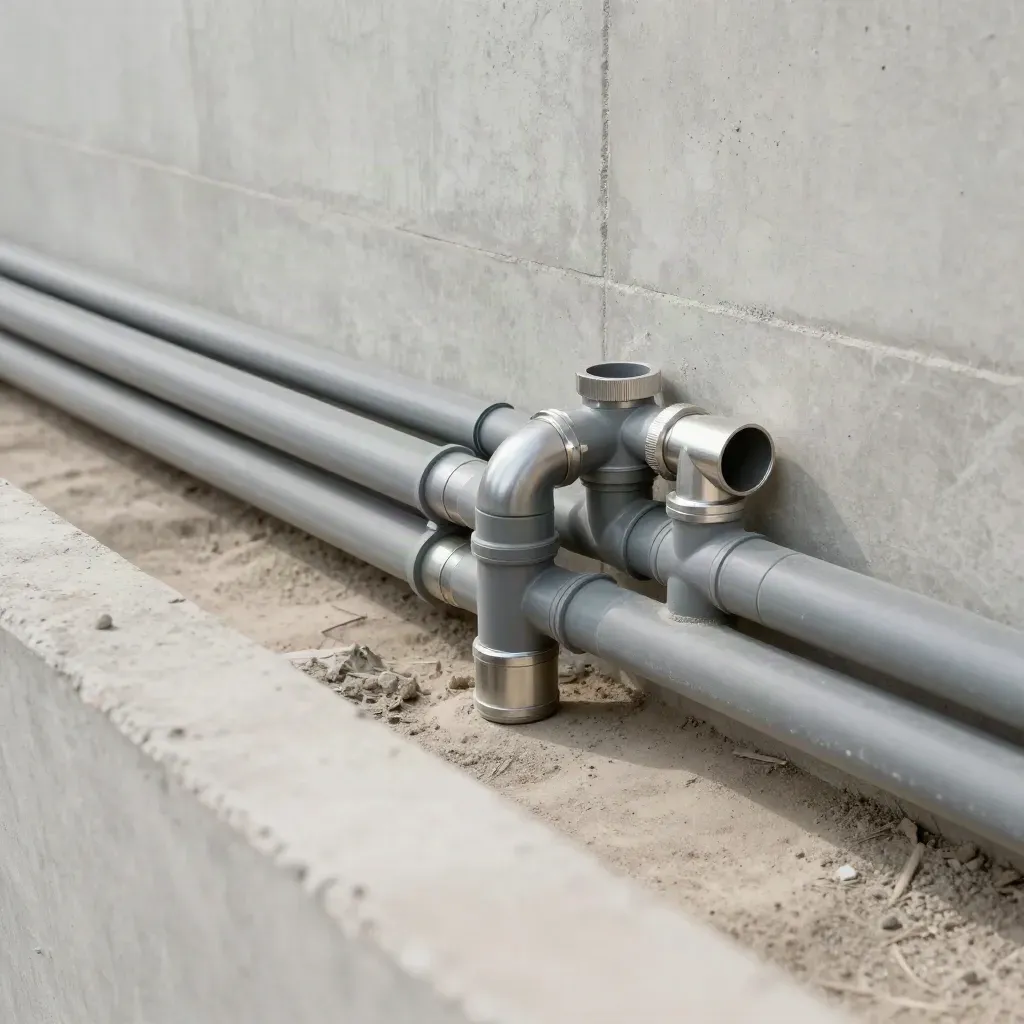 Canalisations plomberie grises et raccords métalliques dans une saignée de béton.