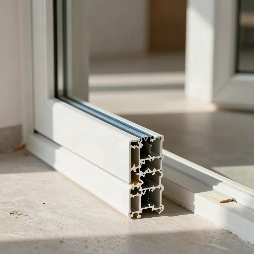 Profilés PVC blancs près d’une ouverture d’appartement, lumière douce et finition nette.