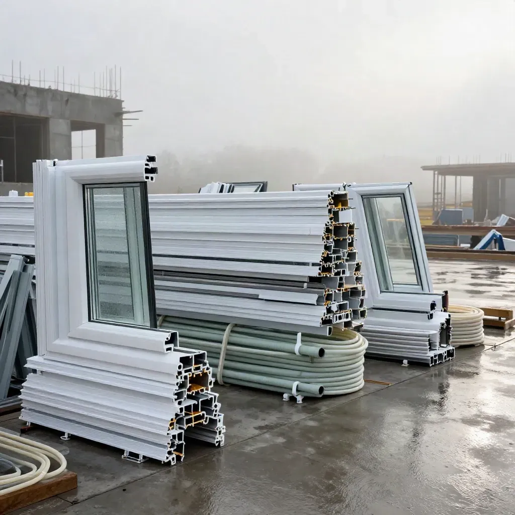 Site Rehau Roumanie après la pluie, profils PVC, portes, tuyaux et éléments de façade.