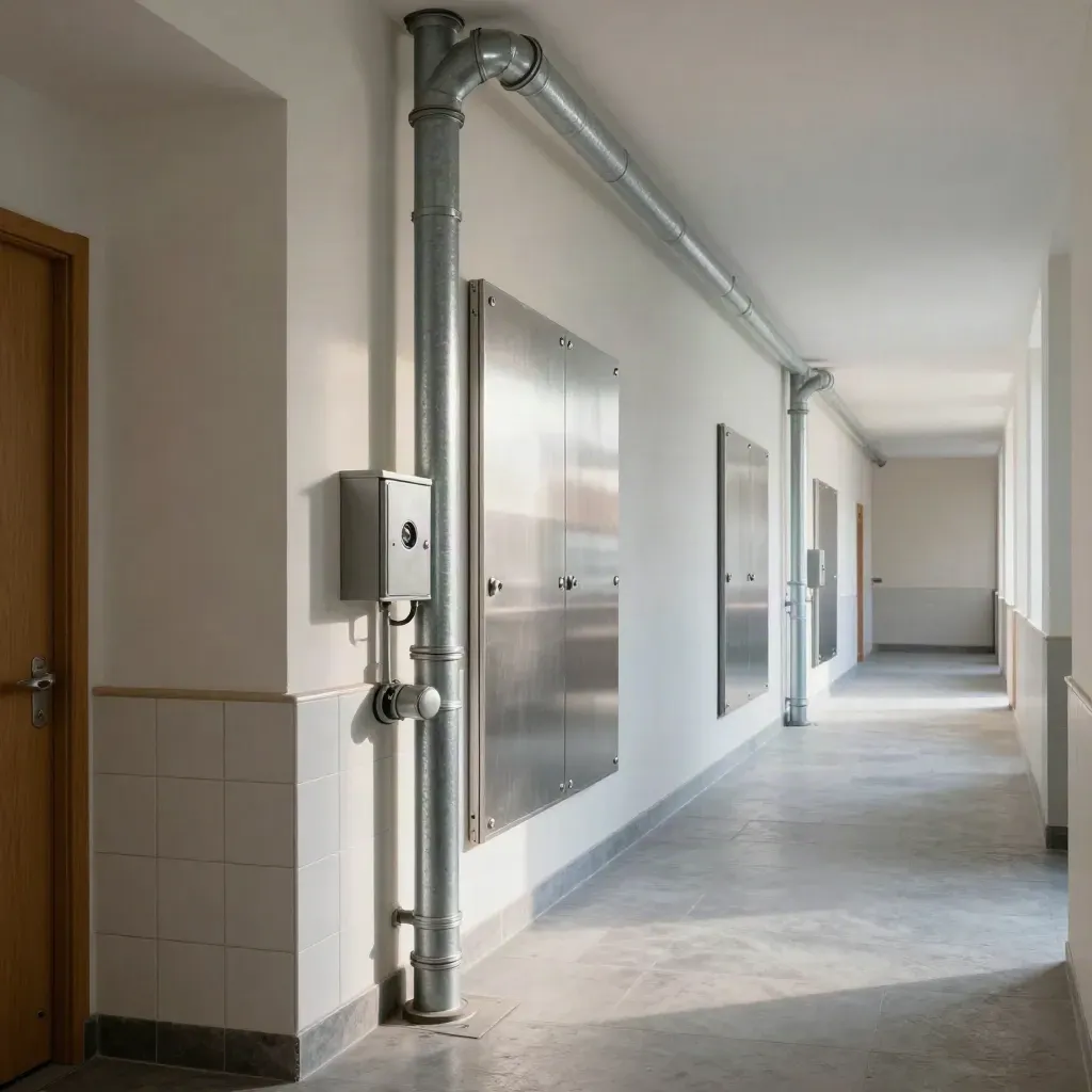 Couloir d’école rénové à Cluj, nouvelles colonnes de plomberie et panneaux techniques.