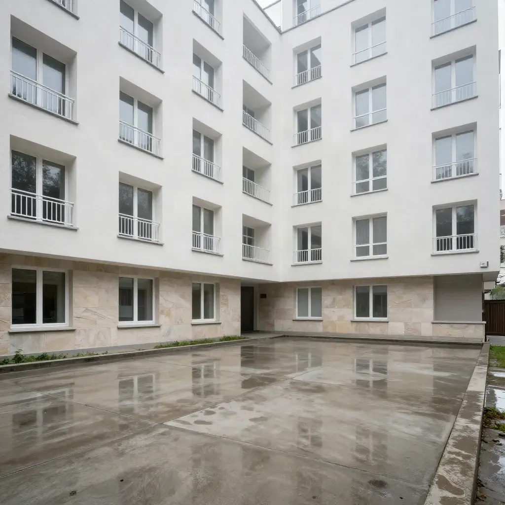 Façade d’immeuble neuf à Bucarest, fenêtres PVC blanches et cour en béton humide.