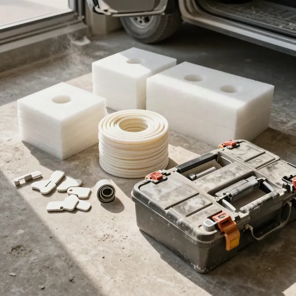 Kit de chantier avec cales, joints et mallette, vu de dessus sur béton poussiéreux.