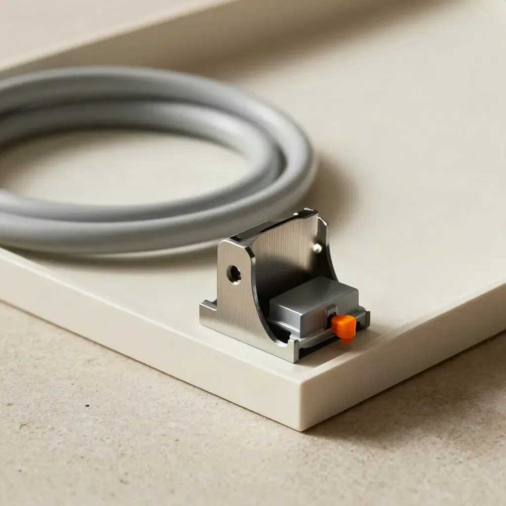 Échantillons PVC, tube PEX, console de façade et module plancher chauffant sur pierre claire.
