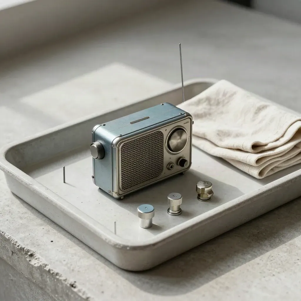 Kit chantier compact avec radio robuste, piquets, raccords et sangle pliée sur un plateau en pierre.
