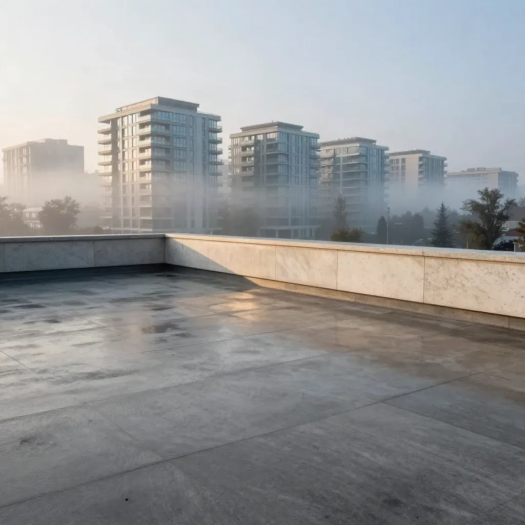 Aube brumeuse sur Bucarest-Ilfov, immeubles modernes, arbres et béton humide