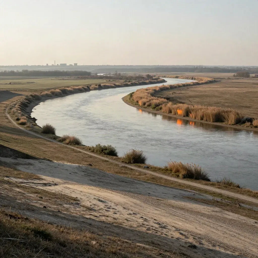 Méandre du Banat au crépuscule, plaines brumeuses, eau calme et silhouettes industrielles lointaines.