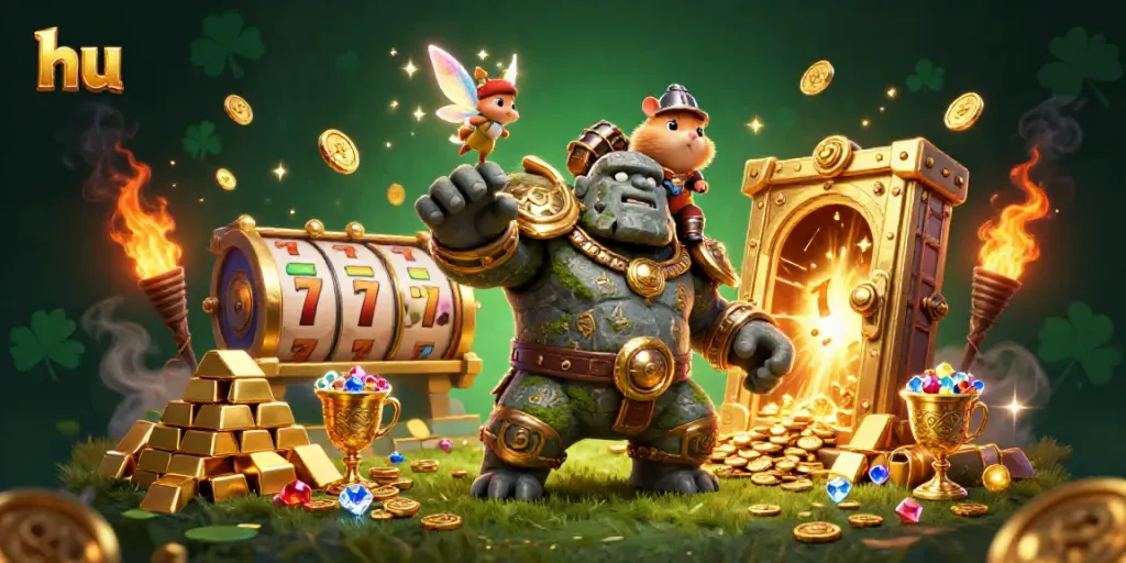 Engage in thrilling slots action with hu as animated characters celebrate near a treasure vault bursting with riches.